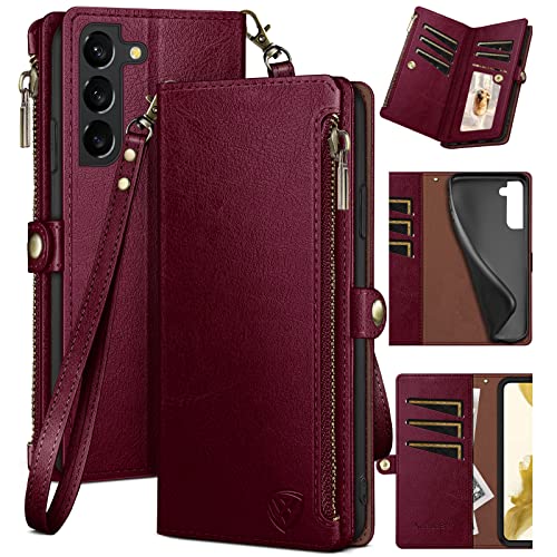 XcaseBar compatible with Samsung Galaxy S22 Wallet case with Zipper Credit Card HolderRFID Blocking Flip Folio Book PU Leather Phone case Shockproof Cover Men Women for Samsung S22 case Wine Red