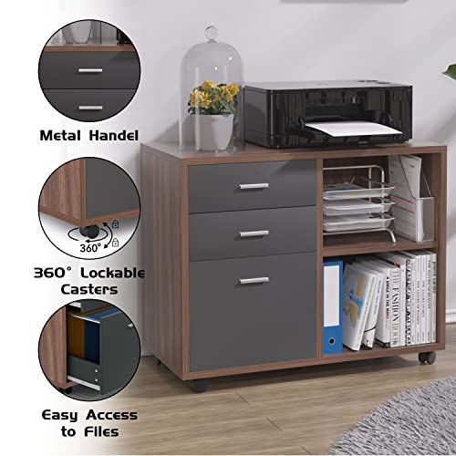 Kevinspace 3 Drawer Office File Cabinet, Wood Mobile Lateral Filing Cabinet Printer Stand With Open Storage Shelf, Rolling File Cabinet On Wheels For Home Office, Walnut&Dark Grey #TOP3