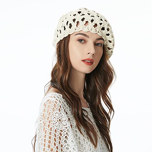 Women Cotton Slouchy Crochet Beret Handmade Cutout Floral Beanie Hat (Beige) #TOP2