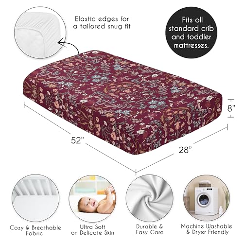 Image of Sweet Jojo Designs Fitted Baby Crib Sheets (Burgundy Red Wildflower Vintage Floral) for Girls, Infant Nursery, Toddler Room - Standard Size (Boho, Paisley, Bohemian, Cottagecore, Farmhouse, Flower)
