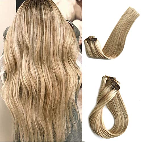 Clip in Human Hair Extensions Blonde Highlights Real Remy Hair Extensions Clip on for Black/White Women Strawberry Blonde with 613 Bleach Blonde Highlights Double Weft 70g 7pcs 16 Clips 20 Inch