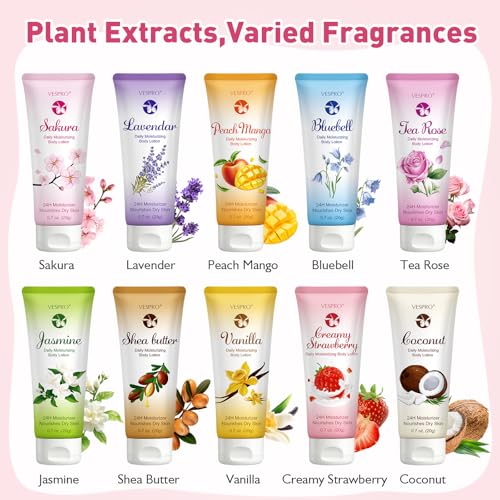 VESPRO 10 Pack Moisture Lotion Set for Dry Skin, Travel Size Body & Hand Lotion for Women, Mini Body Lotion with Shea Butter, Bulk, Teacher Gift, Easter Basket Stuffers