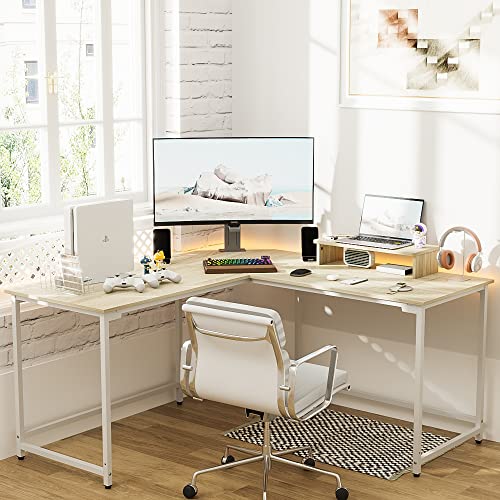 Elephance 59" L Shaped Desk Corner Computer Desk Gaming Table With Monitor Stand Workstation For Home Office (Large, Beige) #TOP3