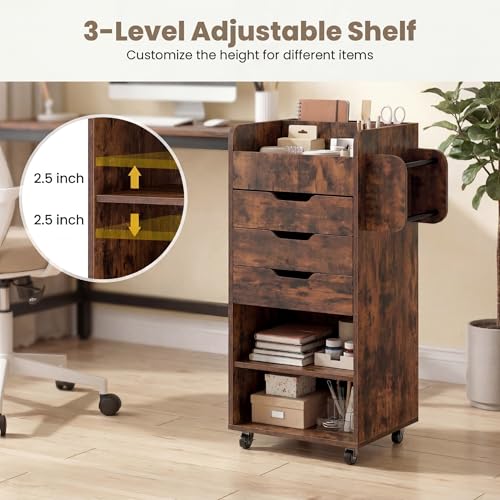 Image of Tangkula Rolling Storage Cart with Drawers, Industrial Aesthetics Organizer Cart w /Lockable Casters, Makeup Utility Cart w /3 Shelves, Slots & Dowels, Storage Cabinets on Wheels, Home Office Craft Cart
