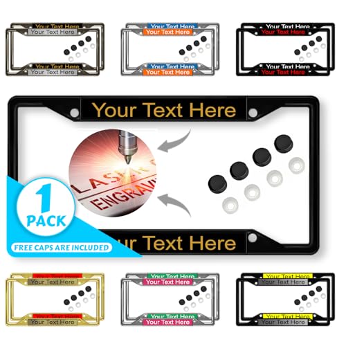 Image of Personalized with Custom Text Design - 4 Hole Black Metal Laser Engraved US Standard Size - Car License Plate Frame with Free caps - Black /Gold Text (Qty: 1 Frame)