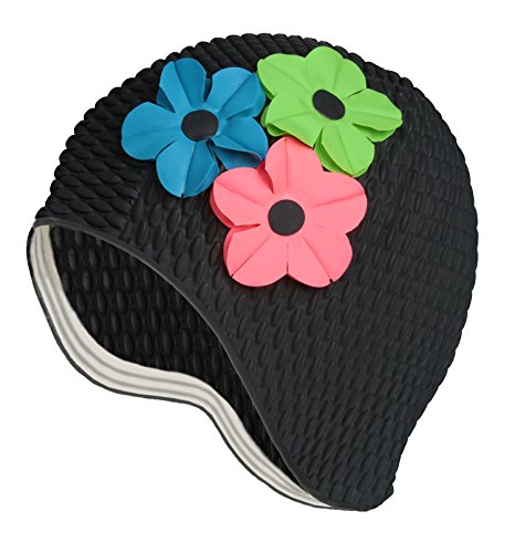 Latex Swim Cap - Women Stylish Swimming Cap Great For Ladies, Perfect To Keep Hair Dry - Suitable For Long Hair - Bubble Crepe Black With Pink, Green, Royal Flowers #TOP22