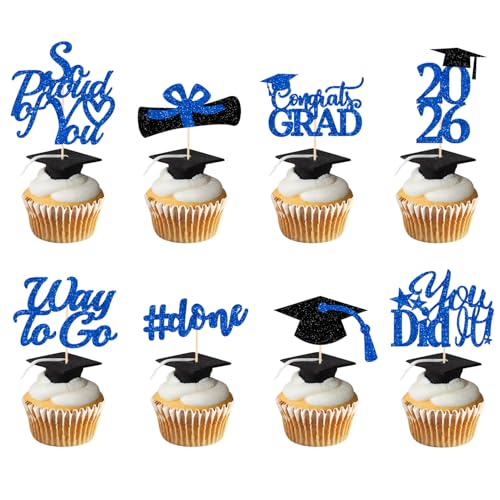 Graduation Decorations 2026 Blue Graduation Cupcake Toppers 2026 Blue Black Glitter Class of 2026 Cupcake Toppers Supplies Class of 2026 Congrats Grad Cap Diploma Cupcake Picks - 40Pcs
