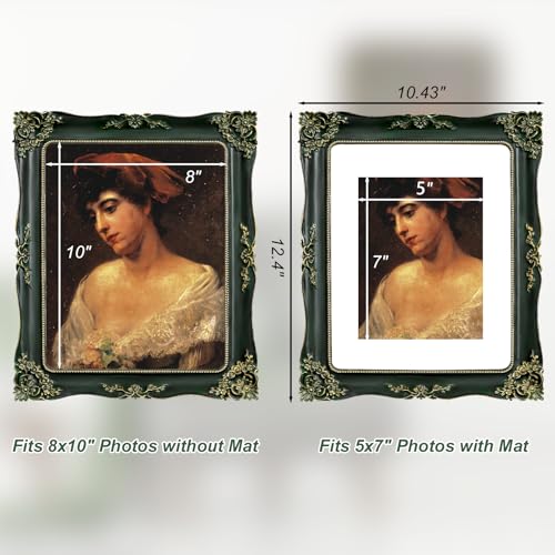 Image of Green Picture Frame 8x10 Vintage Picture Frames Ornate Antique | Real Glass, Wall or Tabletop Display, Fits 8x10 or 5x7 Photo with Mat