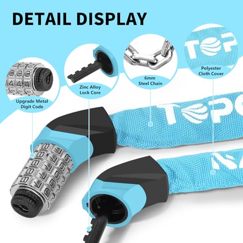 Topcrown Bike Chain Lock Upgrade Metal Digital Dials 3.2Ft Long High Security Heavy Duty Anti Theft, 5 Digit Combination Keyless Bicycle Lock for Bike/Electric Scooter/Ebike/Motorcycle(Sky Blue) - Thumbnail 4