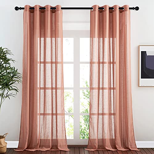 NICETOWN Linen Sheer Burnt Orange Curtains, Grommet Decorative Rustic Farmhouse Linen Blend Curtains & Drapes Privacy with Light Through for Bedroom/Living Room, W52 x L90, 1 Pair