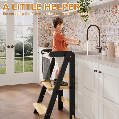 Image of ROOMTEC Foldable Toddler Kitchen Tower, 3 Adjustable Height Wooden Step Stool, Toddler Standing Tower with Safety Net (Black)