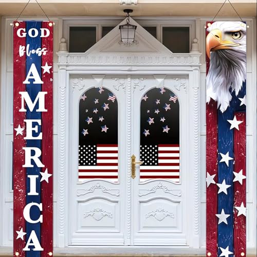 Image of BlissYard 4th of July Door Banner Set Patriotic American Flag Porch Decorations God Bless America Hanging Sign for Front Door Independence Day Outdoor Decor Memorial Day Veterans Party Banner