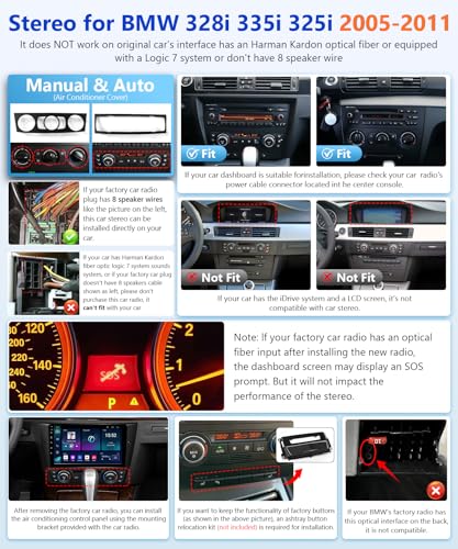 Image of 8Core Radio for BMW 328i 335i 325i E90 E91 E92 E93 2005-2011 Stereo Wireless CarPlay Android Auto, 9 inch Touch Screen for BMW 128i Head Unit BT FM RDS DSP GPS WiFi SWC Camera, 4G+64G No Fiber