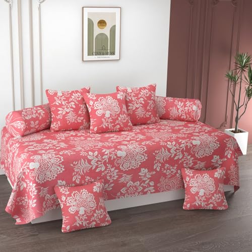 Image of COVE & HUES Cotton Diwan Set Covers |8 Pieces Diwan Cover Set|300 TC Fabric| Pure Cotton Printed Deewan Set (1 Single Bedsheet, 2 Bolster Covers, 5 Cushion Covers)|Pink Paisley|KC 18