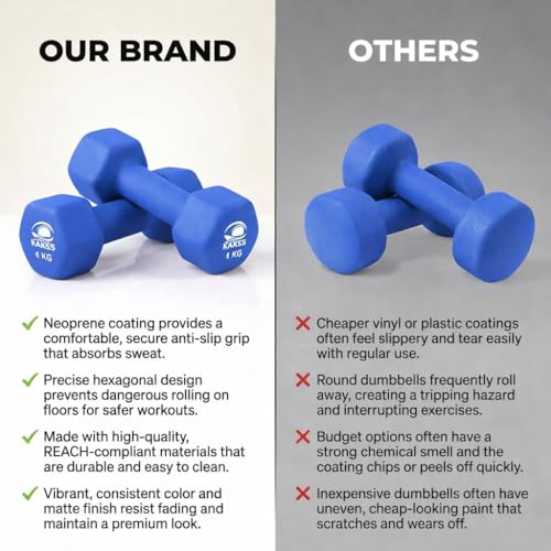 Image of KAKSS Neoprene Dumbbells Set, 1kg Pair (2 x 1kg), Blue Hex Dumbbells with Easy-Grip Coated Finish, Cast Iron Hand Weights for Home Gym Equipment and Fitness Training for Women and Men