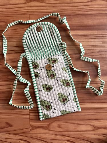 Image of Avocado & Green Floral Block Print Cotton Quilted Mobile Sling Pouch for Women | Handcrafted Crossbody Phone Bag, Gift for Her | Striped Strap, Brass Snap Button & Zip Pocket, India Handmade
