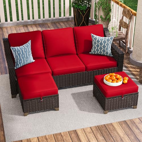 Image of 3 Piece Patio Furniture Set, Wicker Outdoor Conversation Set | Patio Chair Set with Olefin Removable Cushion, All-Weather Outdoor Couch with Deep Seat for Porch, Deck and Backyard, Red
