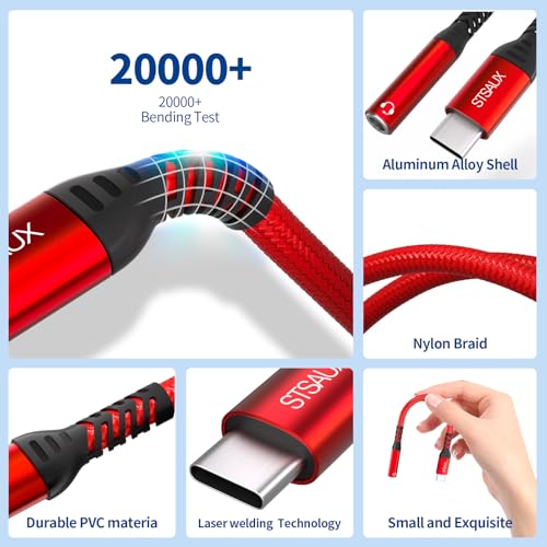 Image of USB Type C to 3.5mm Female Headphone Jack Adapter, Type C to Aux 2 Pack | USB C to Aux Audio Dongle Cable Cord Compatible with iPhone 17 /16 /15 /Pro /Pro Max, Samsung Galaxy S24 /S23 /S22 Ultra, iPad Red