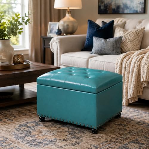Image of Joveco Leather Storage Ottoman, 24 inch Rectangle Tufted Upholstered Bench, Foot Rest Stool with Wood Legs, Footstool for Living Room, Bedroom
