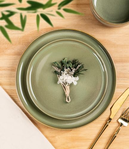 Image of TheTerra Ceramic Dinnerware Sets for 8, 24 Pieces Handmade Reactive Glaze Plates and Bowls Set, Scratch Resistant Dish Set, Oven & Microwave & Dishwasher Safe, Sage Umber