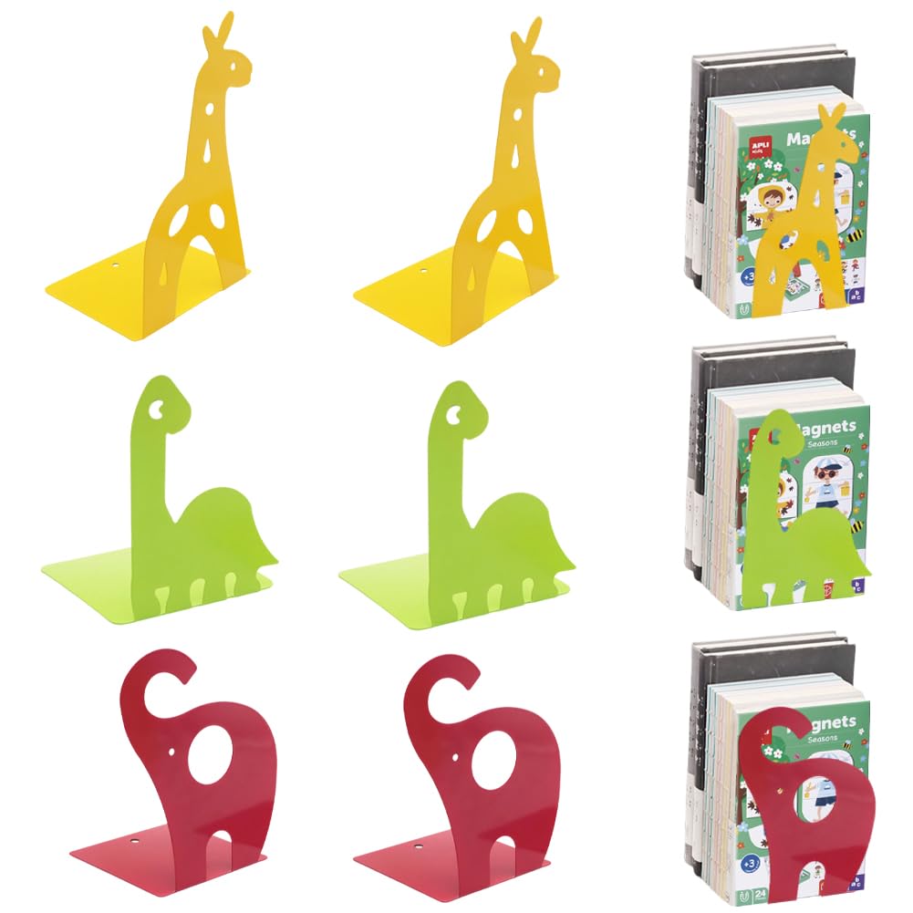 6 fermalibri per bambini, motivo: animali (elefante, dinosauro, giraffa) con base antiscivolo e bordi arrotondati, fermalibri colorati per scuola, cameretta dei bambini e casa