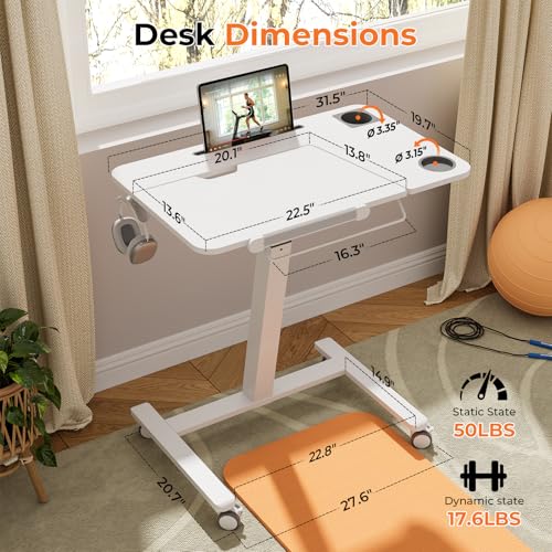 Image of JOY worker Mobile Standing Desk for Treadmill, 31.5 inch Small Pneumatic Height Adjustable Walking Pad Desk, 40 Foldable Rolling Bike Trainer Stand Table on Wheels with Cup Holder & Towel Rack, White
