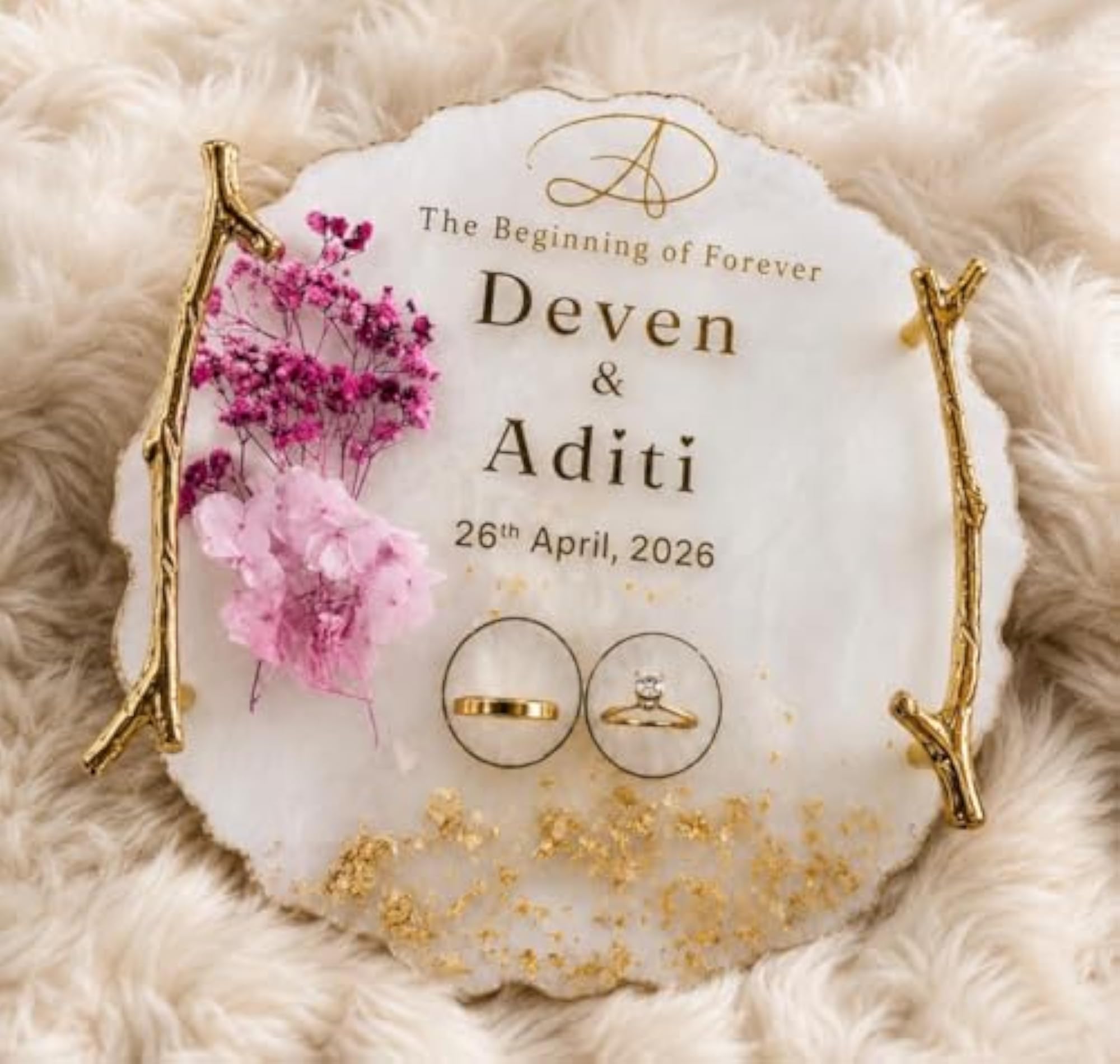 Customizable Engagement Ring Platter, Handcrafted with Dry Flowers & Gold