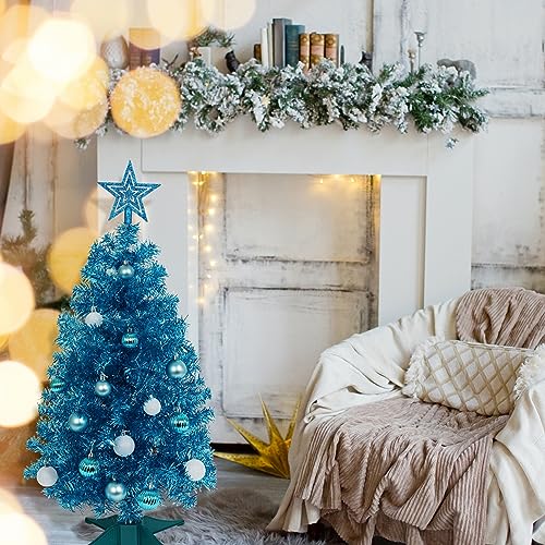 SUNSHINE DECOR Blue Christmas Tree with Light 3ft Artifical Full Christmas Tree with Ball & Star Ornaments 8 Lighting Modes for Holiday Decor
