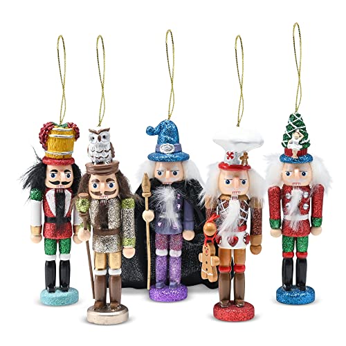 Ornativity Christmas Deluxe Nutcracker Set â€“ Glittered Wooden Hanging Tree Ornament or Mini Nutcracker Men Xmas Themed Holiday Nut Cracker Doll Figures Decorations - Set of 5