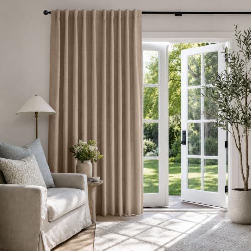 Image of Linen Textured Blackout Sliding Door Curtains 90 Inches Long, Copper Brown | 100% Blackout Shield Back Tab /Rod Pocket Sliding Door Curtains, Thermal Insulated Curtains 1 Panel Set, 100 inchW x 90 inchL