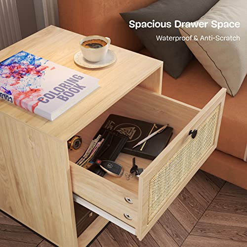 Rattan Nightstand Set Of 2, End Table, Bedside Table, Rattan Side Table With Handmade Natural Rattan Decorative Door, Accent Table, Modern Nightstand For Bedroom, Living Room #TOP4