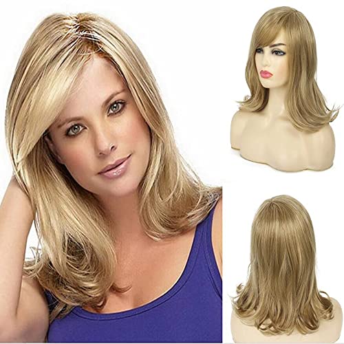 Dai Cloud Ombre Blonde Wigs for Women Long Curly Wavy Natural Side Part Straight Hair Wig Shoulder Length Synthetic Hair with Bangs Halloween Cosplay Party Wigs