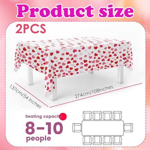 Image of OQOQ Love Heart Valentines Day Tablecloth (2 Packs) - 108x54 Inches Pink and Red Hearts Plastic Table Cloth Disposable Rectangle Table Cover for Anniversary Engagement Party Decorations Supplies