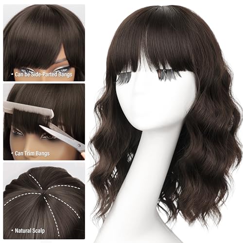 Image of Nnzes Short Wavy Bob Wig with Bangs for Women Shoulder Length Curly Soft Brown Synthetic Heat-Resistant Fiber Hair for Daily & Party Use