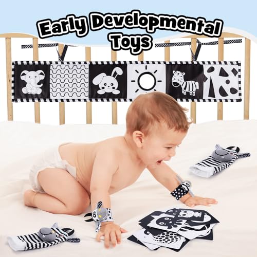 Baby Toys 0 3 6 12 Months, Notique Black and White Baby Toys Newborn Essentials with Wrist Rattle Socks Foot Finder Baby Stuff Sensory Book Tummy Time Toys High Contrast Flash Cards Infant Baby Gifts - Image 3