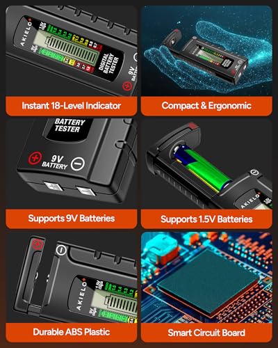 AKIELO+ Digital Battery Tester – Easy Read LCD Display – No Battery Required – Universal Household Battery Checker for Size AA AAA C D 9V 1.5 Cell