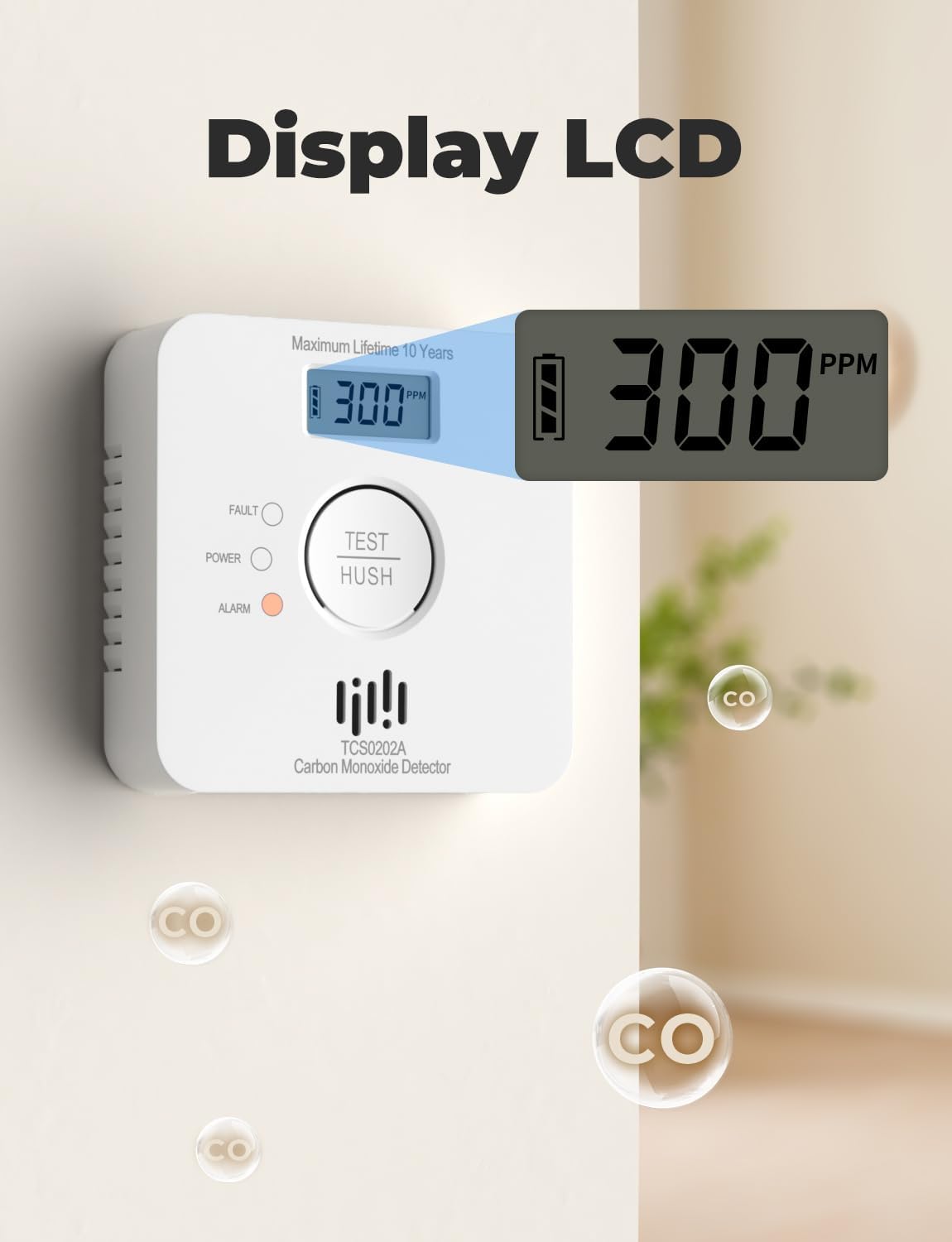 LCD display showing a CO concentration of 300 ppm and battery level.