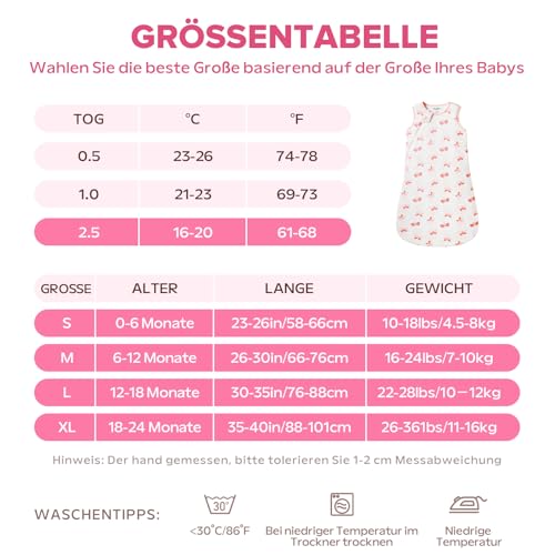 ToyaTec Baby Schlafsack 2,5 Tog Kuschelweich aus Bambusviskose | Baby Schlafsack aus Bambusfaser | Herbst & Winter Schlafdecke(Rosa,L) – Ansicht 5