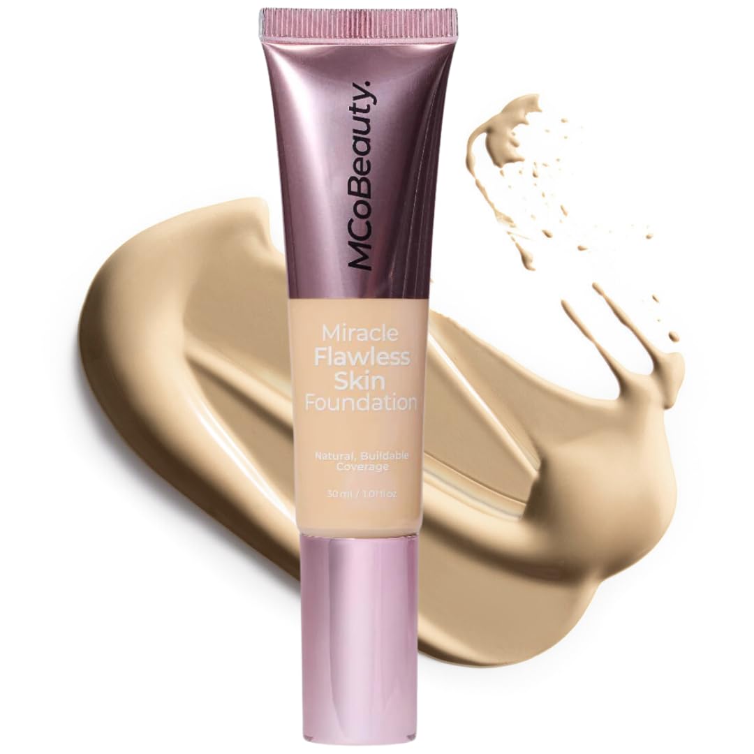 MCoBeauty Miracle Flawless Skin Liquid Foundation Natural Ivory - Buildable Medium Coverage Dewy Finish for All Skin Types - Hyaluronic Acid Coconut
