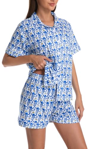 Image of Womens Pajamas Set Shorts Button Down 2 Piece Monkey Bunny Y2k Roller Dupes Rabbit Preppy Lounge Pjs Comfy Sleep Wear