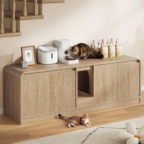 Homiflex Double Litter Box Enclosure with Litter Collector 59in Cat Litter Box Enclosure for 2 Cats Natural