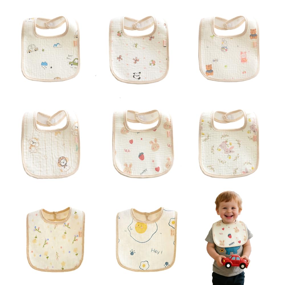Oaygat 8-Piece Newborn Infant Bib Set - 6 Layer Waterproof Muslin Bandana Bibs Soft Absorbent Feeding Teething Bibs with Adjustable Snap Closures