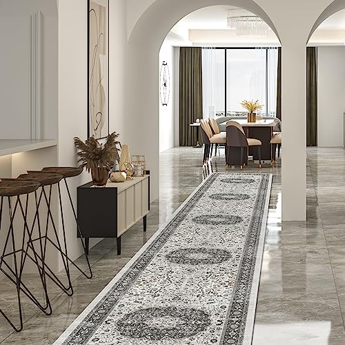 Hallway Washable Runner Rug - 2'6x14 Kitchen Rugs Entryway Rug Runner Vintage Soft Floor Mat Non Slip Indoor Farmhouse Carpet for Bathroom Living Room Bedroom (2'6''x14', Grey)