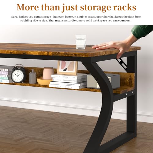 Image of 55 inch Computer Desk, Home Office Desk with Storage Shelf, Sturdy U-Shaped Metal Frame Study Table with Cable Management, Gaming Desk for Office & Bedroom
