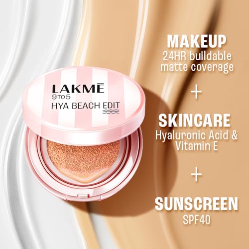 Image of Lakme 9to5 Hya Matte, Beach Edit Cushion Foundation, N340-Neutral Almond, Matte Finish, Buildable Coverage, SPF 40, 12 gm
