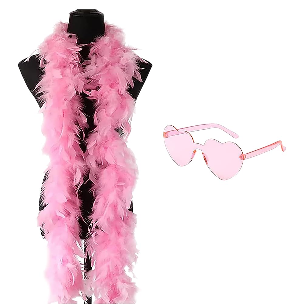 JIHUOO 2 Pcs Colorful Feather Boas and Heart Sunglasses Set Turkey Party Feather Boa Fluffy Decorative Boa Halloween Christmas Costume Accessory Pink