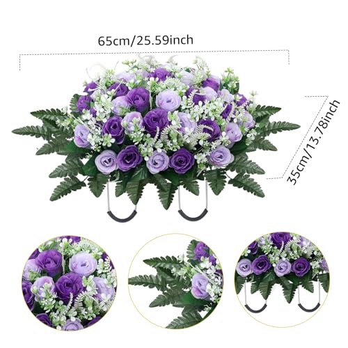 Headstone Flower Saddle, 26x14 Inch Silk Cemetery Flowers for Grave, Lifelike Purple Rose Grave Decorations for Cemetery Flowers for image 6