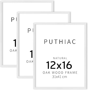 puthiac 12x16 White Oak Wood Picture Frame - Minimalist 12x16 Poster Frame, 12"x16" Picture Frame Wood, Natural Solid Wooden Picture Frames for Wall Art Photo and Prints (3 Pack, White)