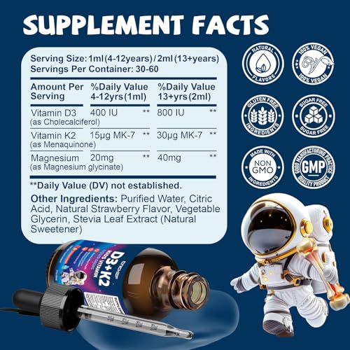 Image of 2PCS Vitamin D3 K2 Drops for Kids - Liquid Supplement with Magnesium for Calcium Absorption, Teeth & Heart - Non-GMO, Vegan, Strawberry, 4 Fl Oz - Kids Ages 4+