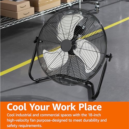 Image of Amazon Basics 18 inch High Velocity Industrial Floor Fan with 3 Speeds, Powerful Airflow, Air Circulator, Tilt Head, ETL-Listed Safety Compliance, Metal Housing /Blades, for Commercial Space 100W, Black